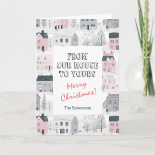 Vintage Pink Grey White Houses Christmas Card