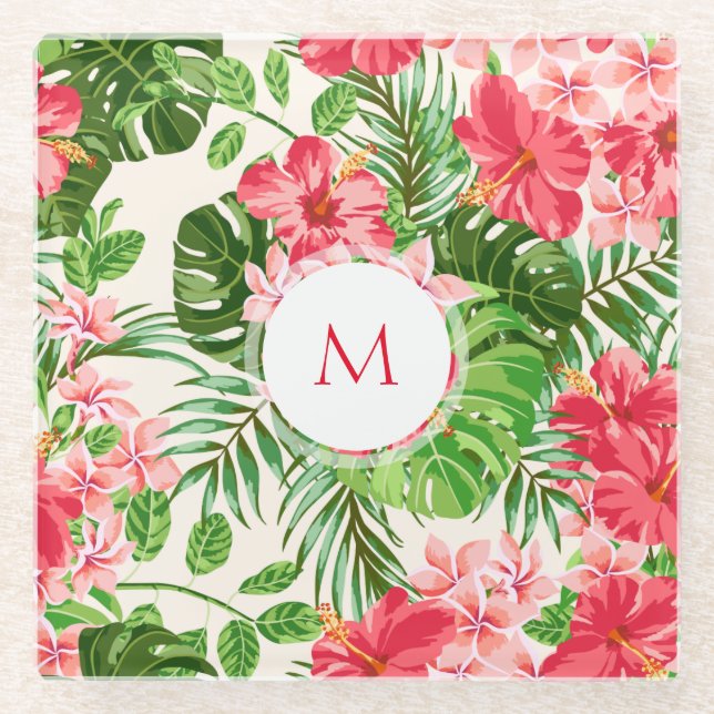 Vintage Pink Hibiscus Flower Monogram Glass C Coaster (Front)