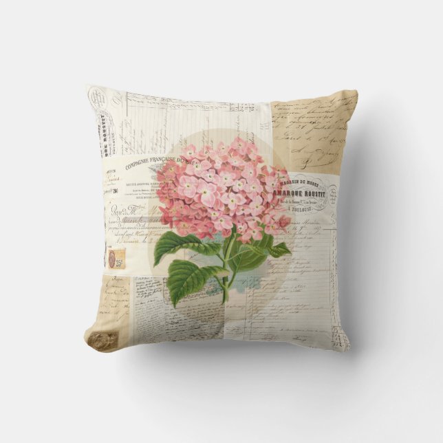 Vintage Pink Hydrangea French Ephemera Pillow (Front)