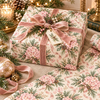 Vintage Pink Hydrangea Pine & Ribbon Christmas Wrapping Paper