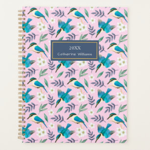 Vintage Pink Kingfisher Birds Floral Pattern Name Planner