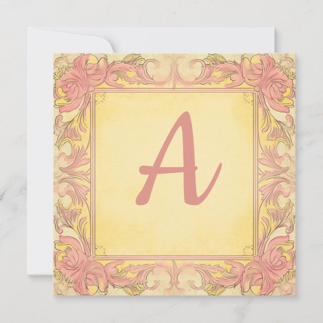 Vintage Pink & Lemon Yellow: Monogrammed Note Card (Front)