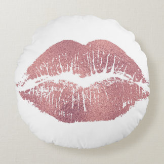 Vintage pink lip imprint, rose gold. round cushion