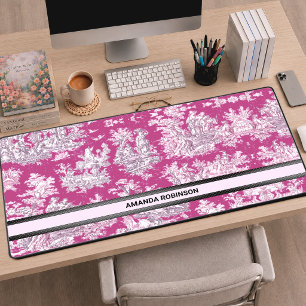 Vintage Pink Magenta Toile de Jouy Monogram Desk Mat
