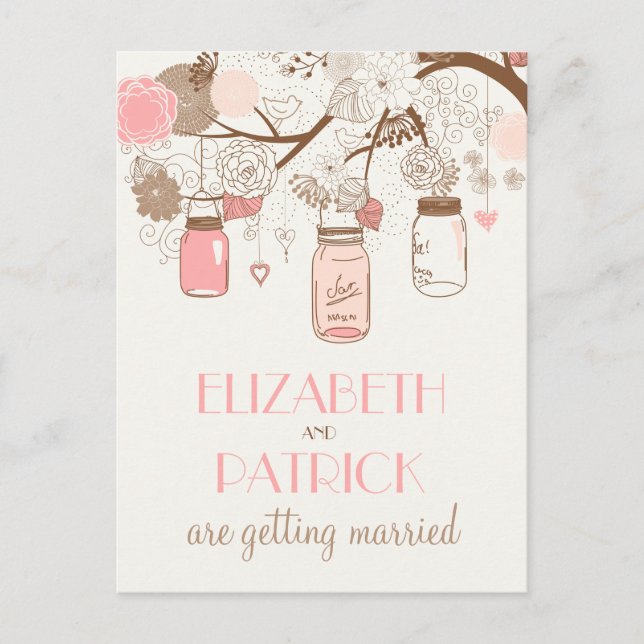 Vintage Pink Mason Jars Save the Date Postcard (Front)