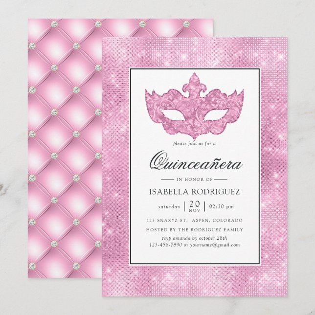 Vintage Pink Masquerade Quinceañera Invitation (Front/Back)