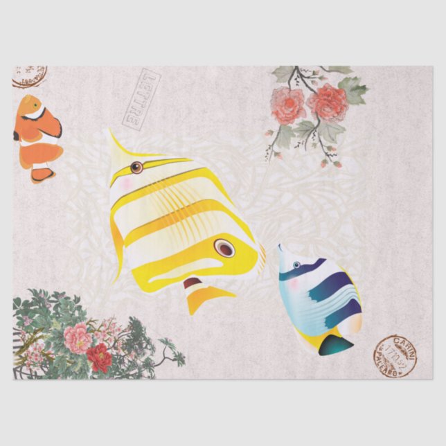 Vintage pink modern flowers and fish tissue paper (Front)