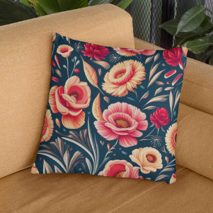 Vintage Pink, Orange, and Red Flower Pattern Cushion