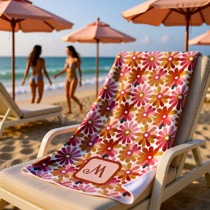 Vintage Pink Orange Floral Monogram Retro Beach Towel