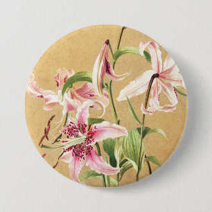 Vintage Pink Oriental Lily Botanical Flower Art 7.5 Cm Round Badge