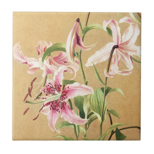 Vintage Pink Oriental Lily Botanical Flower Art Ceramic Tile