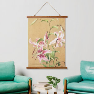 Vintage Pink Oriental Lily Botanical Flower Art Hanging Tapestry