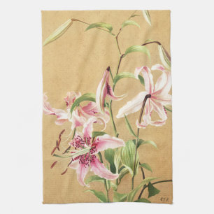 Vintage Pink Oriental Lily Botanical Flower Art Tea Towel