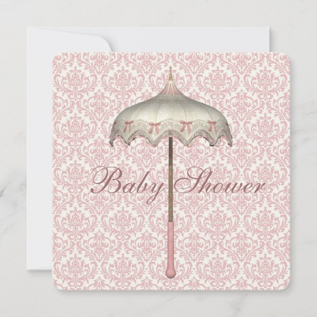 Vintage Pink Parasol Umbrella Baby Girl Shower Invitation (Front)