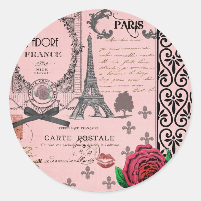 Vintage Pink Paris Collage Classic Round Sticker (Front)