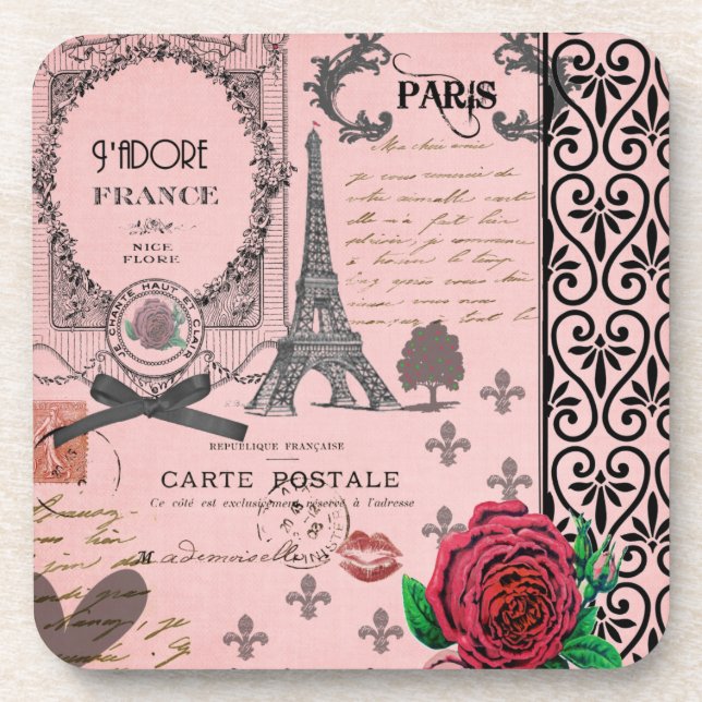 Vintage Pink Paris Collage coasters (Front)