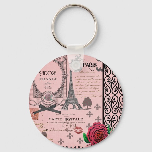 Vintage Pink Paris Collage Key Ring (Front)