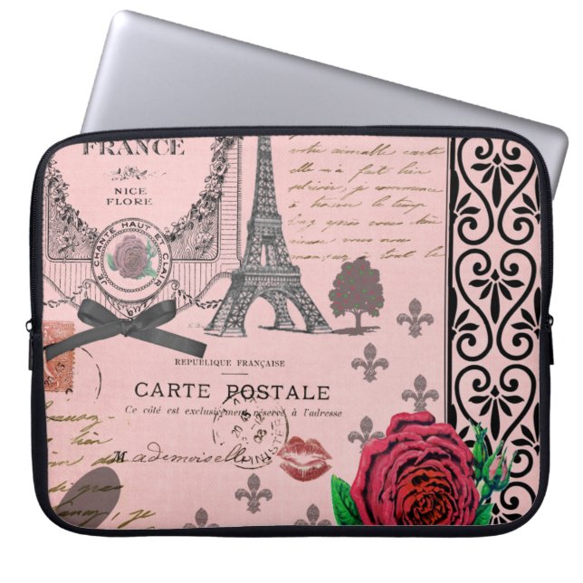 Vintage Pink Paris Collage Laptop Sleeve (Front)