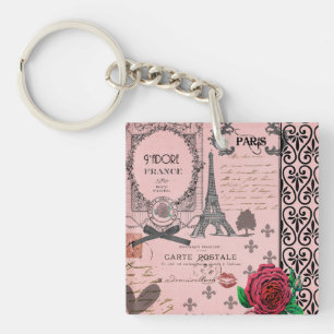 Vintage Pink Paris Collage personalised keychain