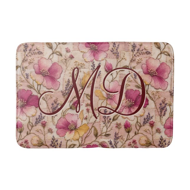 Vintage Pink Patchwork Flower Pattern Bath Mat (Front)