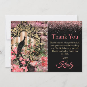 Vintage Pink Peacock Birthday Thank You Card