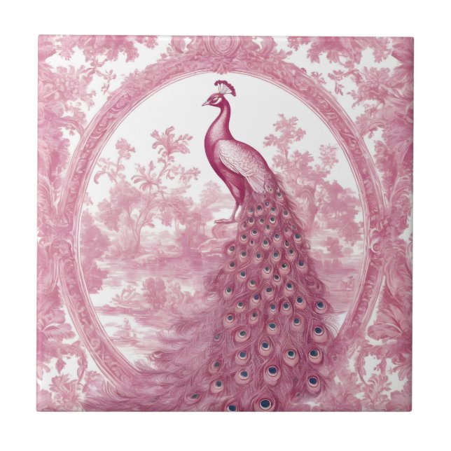 Vintage pink peacock ceramic tile (Front)