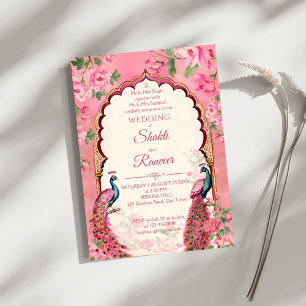 Vintage pink peacocks Indian wedding Invitation