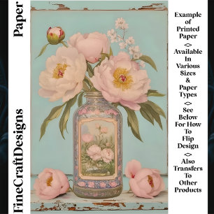 Vintage Pink Peonies Glass Jar CT5 Craft Paper