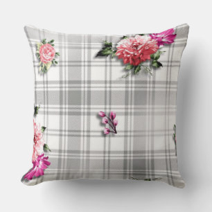 Vintage Pink Peonies on Grey Plaid Floral Pillow