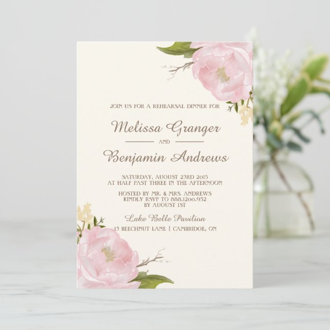 Vintage Pink Peonies Rehearsal Dinner Invitation (Standing Front)
