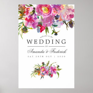 Vintage Pink Peonies Watercolor Wedding Welcome Poster