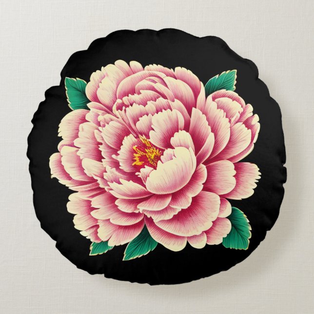 Vintage Pink Peony Flower Round Cushion (Front)