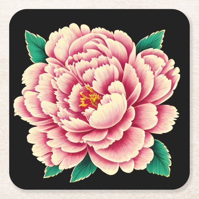Vintage Pink Peony Flower Square Paper Coaster (Front)