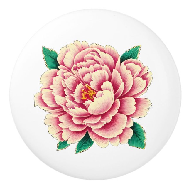 Vintage Pink Peony Flower White Ceramic Knob (Front)