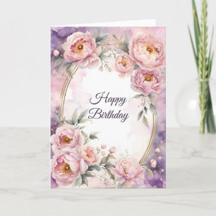 Vintage Pink Peony Oval Frame Birthday Card