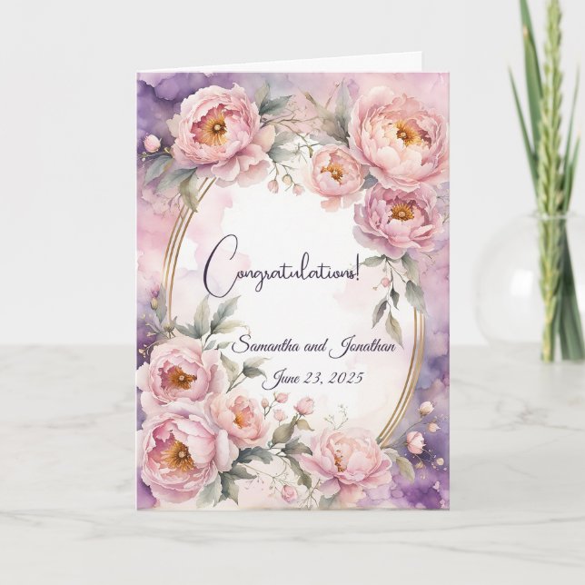 Vintage Pink Peony Oval Frame Wedding  Card (Front)