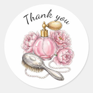Vintage Pink Perfume Bottle & Pearls Classic Round Sticker