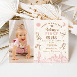 Vintage Pink Photo Cowgirl First Rodeo Birthday  Invitation<br><div class="desc">Vintage Pink Photo Cowgirl First Rodeo 1st Birthday Invitation Sweet brown and pink girl's first rodeo birthday invitation featuring a pink desert landscape, cowgirl boots and hat, skull, moon and sun. This western saddle up and ride over first birthday invitation for a girl also features a photo and is ideal...</div>