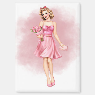 Vintage Pink Pin-Up Girl with Roses Magnet
