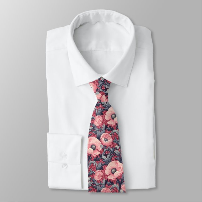 Vintage Pink Poppies Floral  Tie (Tied)