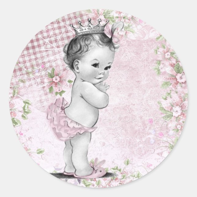 Vintage Pink Princess Baby Shower Stickers (Front)