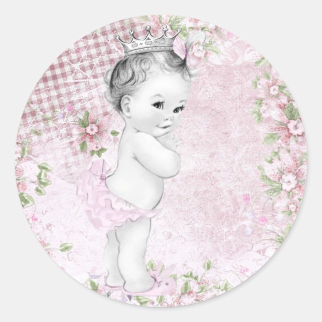 Vintage Pink Princess Baby Shower Stickers (Front)