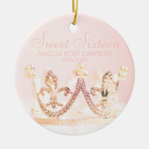 Vintage Pink Princess Crown Sweet Sixteen Party Ceramic Ornament