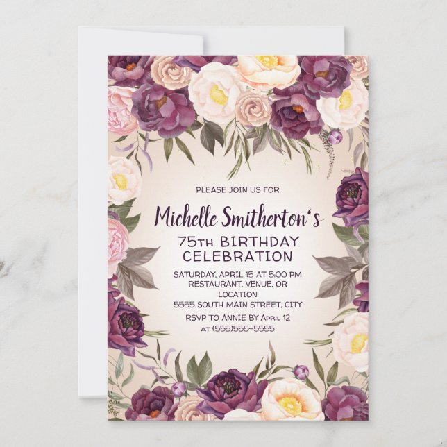 Vintage Pink Purple Floral 75th Birthday Invitation (Front)