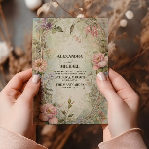 Vintage Pink Purple Floral Art Nouveau  Wedding  Invitation