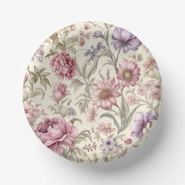 Vintage Pink Purple Flowers Paper Bowl Paper Plate (Front)