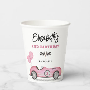 Vintage Pink Race Car Two Fast Girl Birthday Party Paper Cups