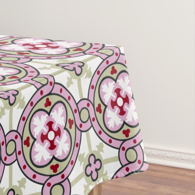 Vintage Pink Red Barcelona Tile Flower Ribbon Tablecloth (In Situ)