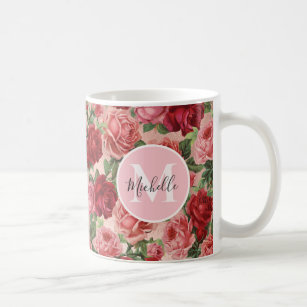 Vintage Pink Red Rose Floral Monogrammmed Mug