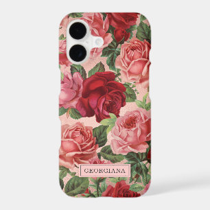 Vintage Pink Red Rose Floral Personalised Name